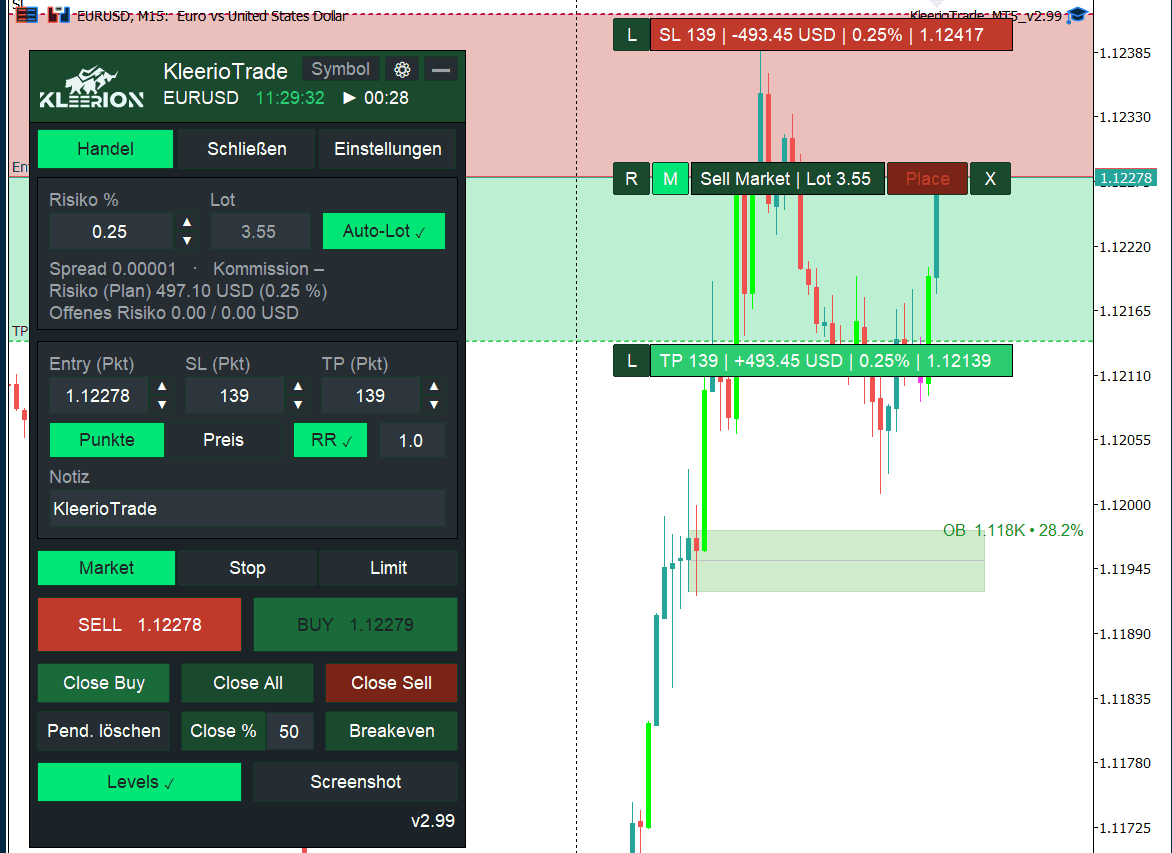 KleerioTrade MT5-Trade-Manager mit Risiko %, Auto-Lot, Entry, SL und TP