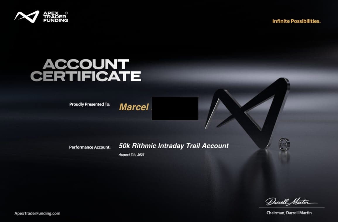 Apex Trader Funding – bestandene Challenge eines Kleerion-Mitglieds (Nachname geschwärzt)