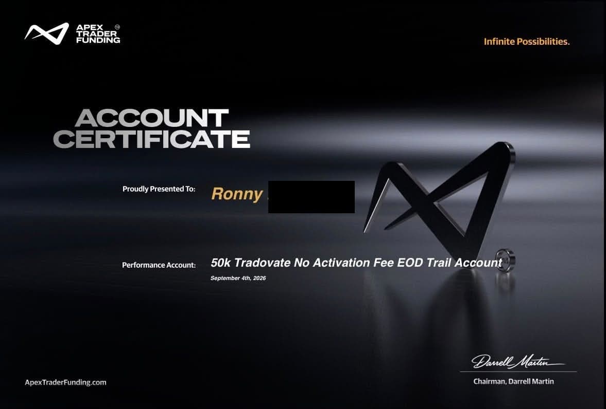 Apex Trader Funding – bestandene Challenge eines Kleerion-Mitglieds (Nachname geschwärzt)
