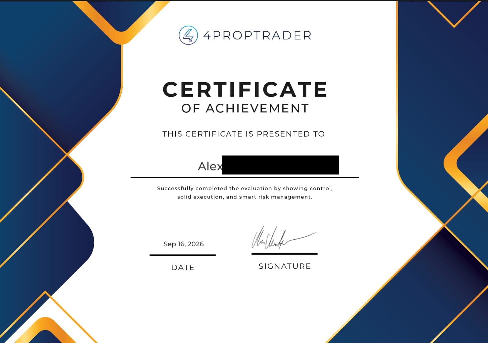 4PropTrader – bestandene Challenge eines Kleerion-Mitglieds (Nachname geschwärzt)