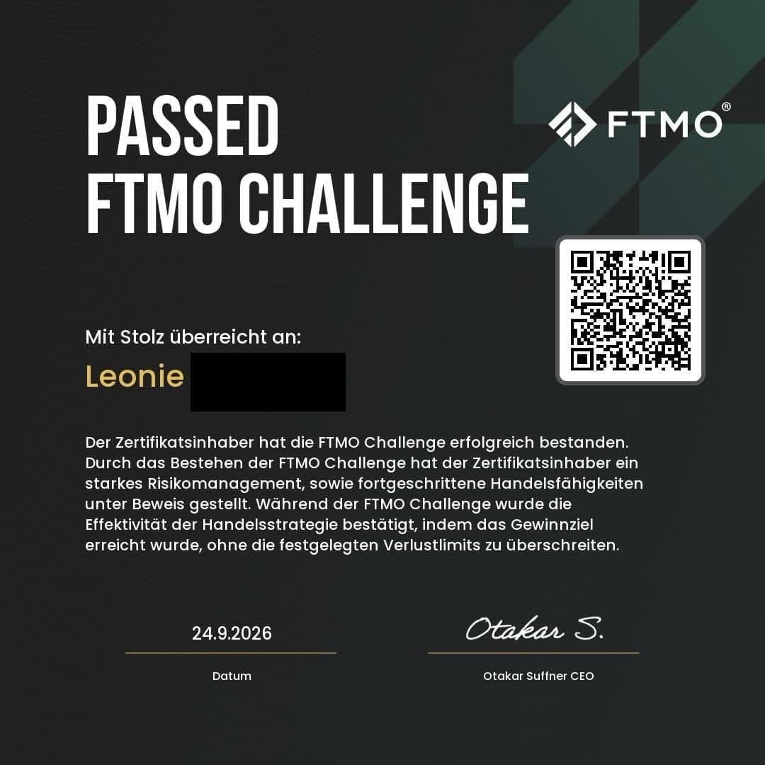 FTMO – bestandene Challenge eines Kleerion-Mitglieds (Nachname geschwärzt)