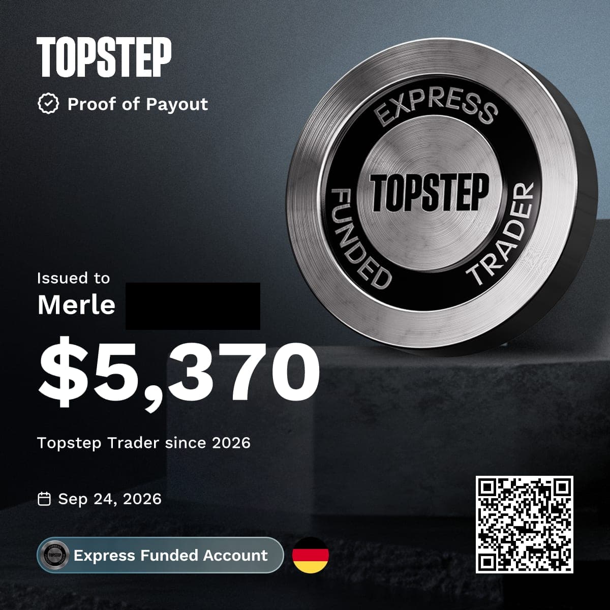 Topstep – Auszahlung an ein Kleerion-Mitglied (Nachname geschwärzt)