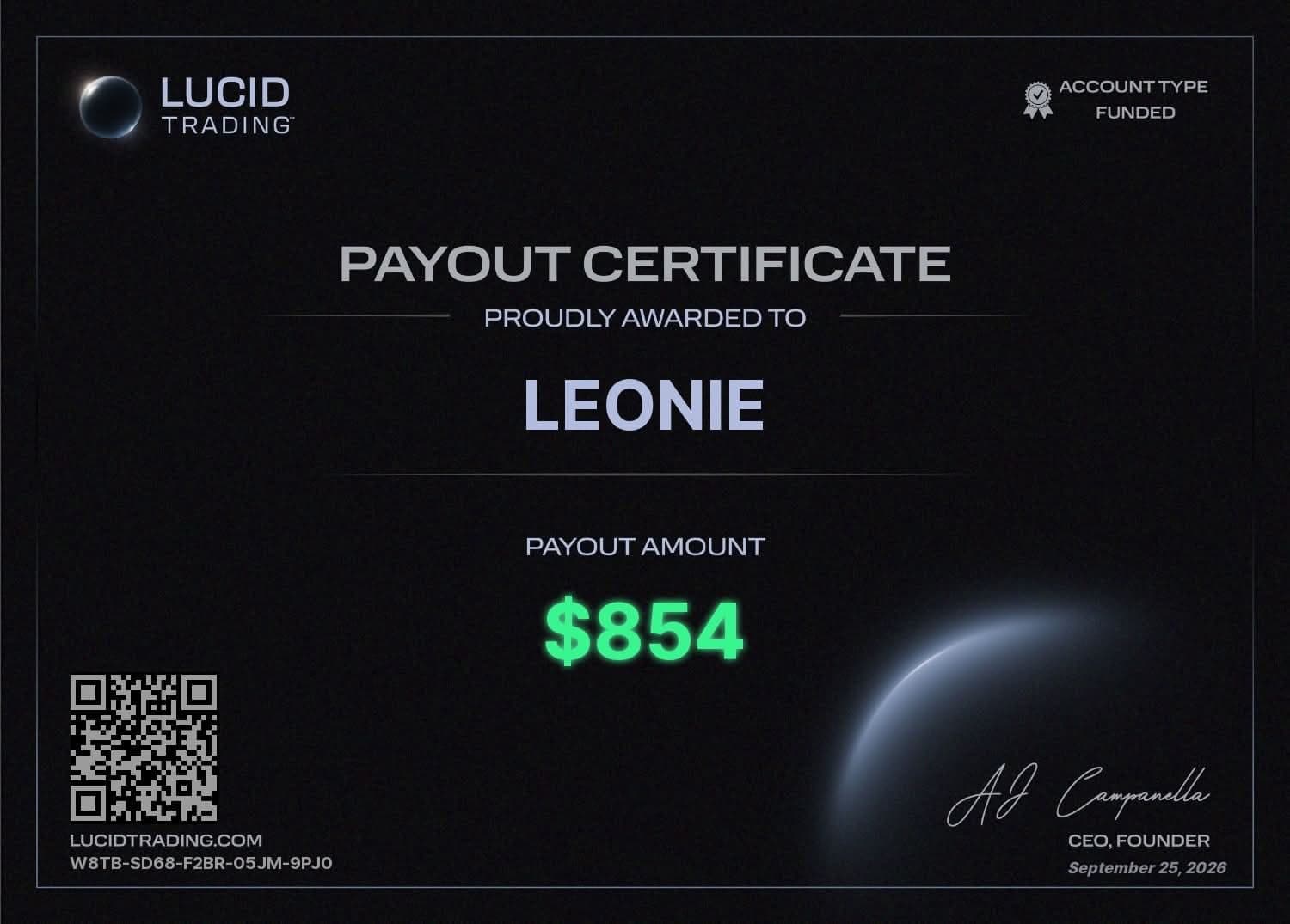 Lucid Trading – Auszahlung an ein Kleerion-Mitglied (Nachname geschwärzt)