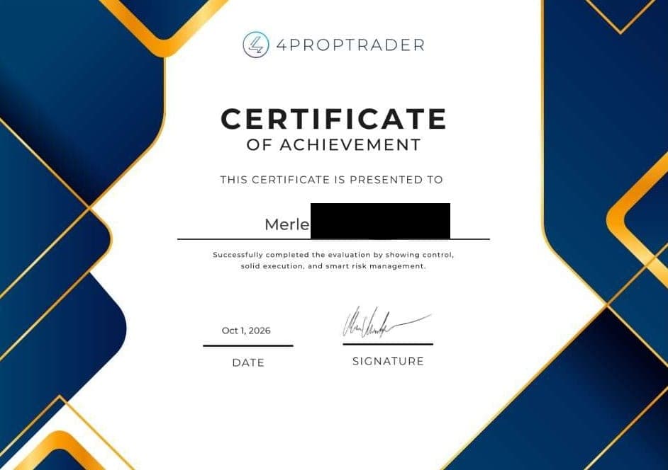 4PropTrader – bestandene Challenge eines Kleerion-Mitglieds (Nachname geschwärzt)