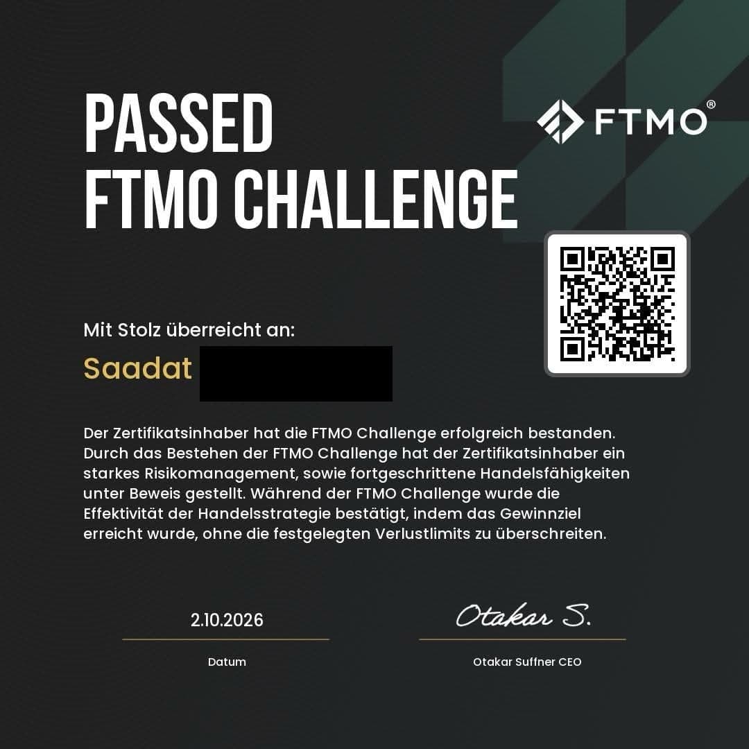 FTMO – bestandene Challenge eines Kleerion-Mitglieds (Nachname geschwärzt)